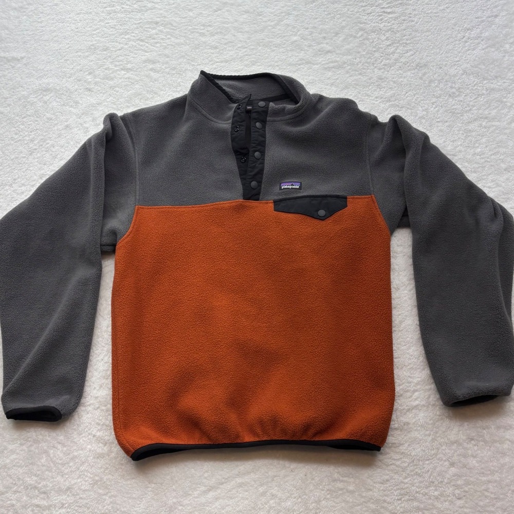 Patagonia Synchilla Snap-T Fleece Pullover Grey Orange XXL 16-18 Kids Boys